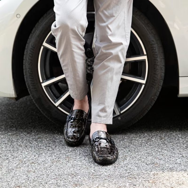 Ανδρικά Loafers Exotic Crocodile Leather Slip On Metal Toe - Καφές