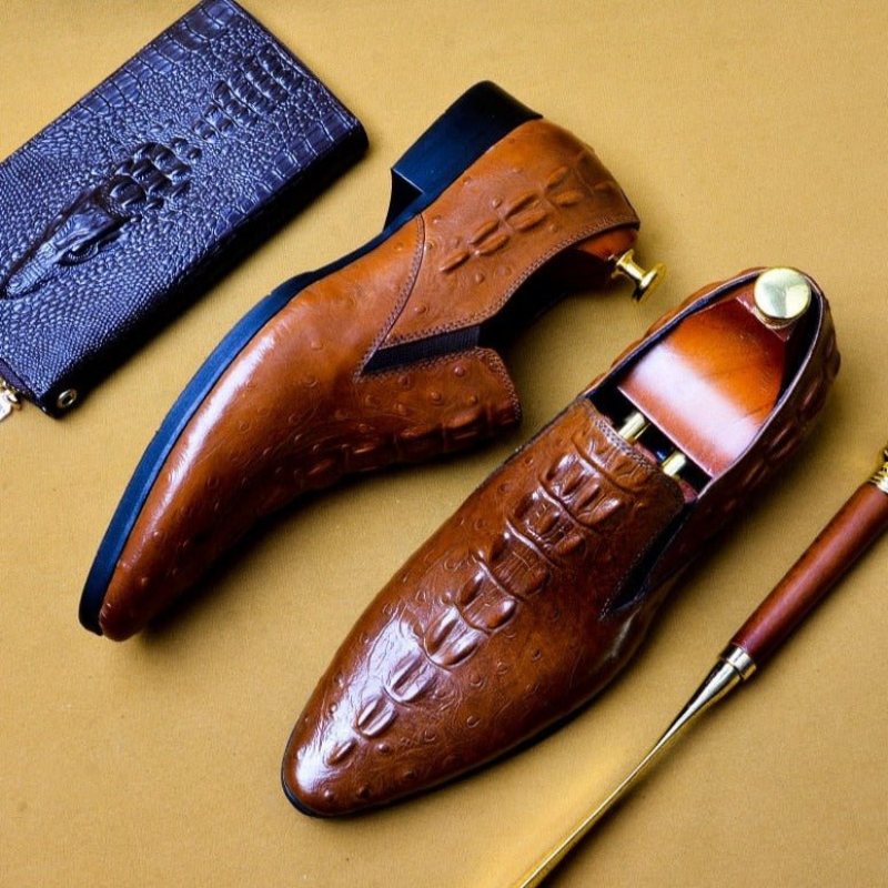 Ανδρικά Επίσημα Παπούτσια Chic Crocleather Μυτερά Με Φόρεμα - Καφέ