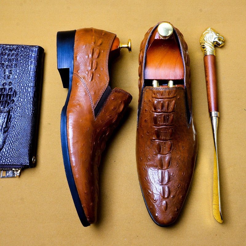 Ανδρικά Επίσημα Παπούτσια Chic Crocleather Μυτερά Με Φόρεμα - Καφέ